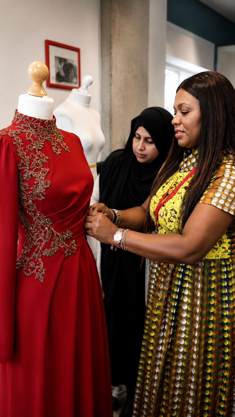 Treasure fitting a beaded red gown with a student