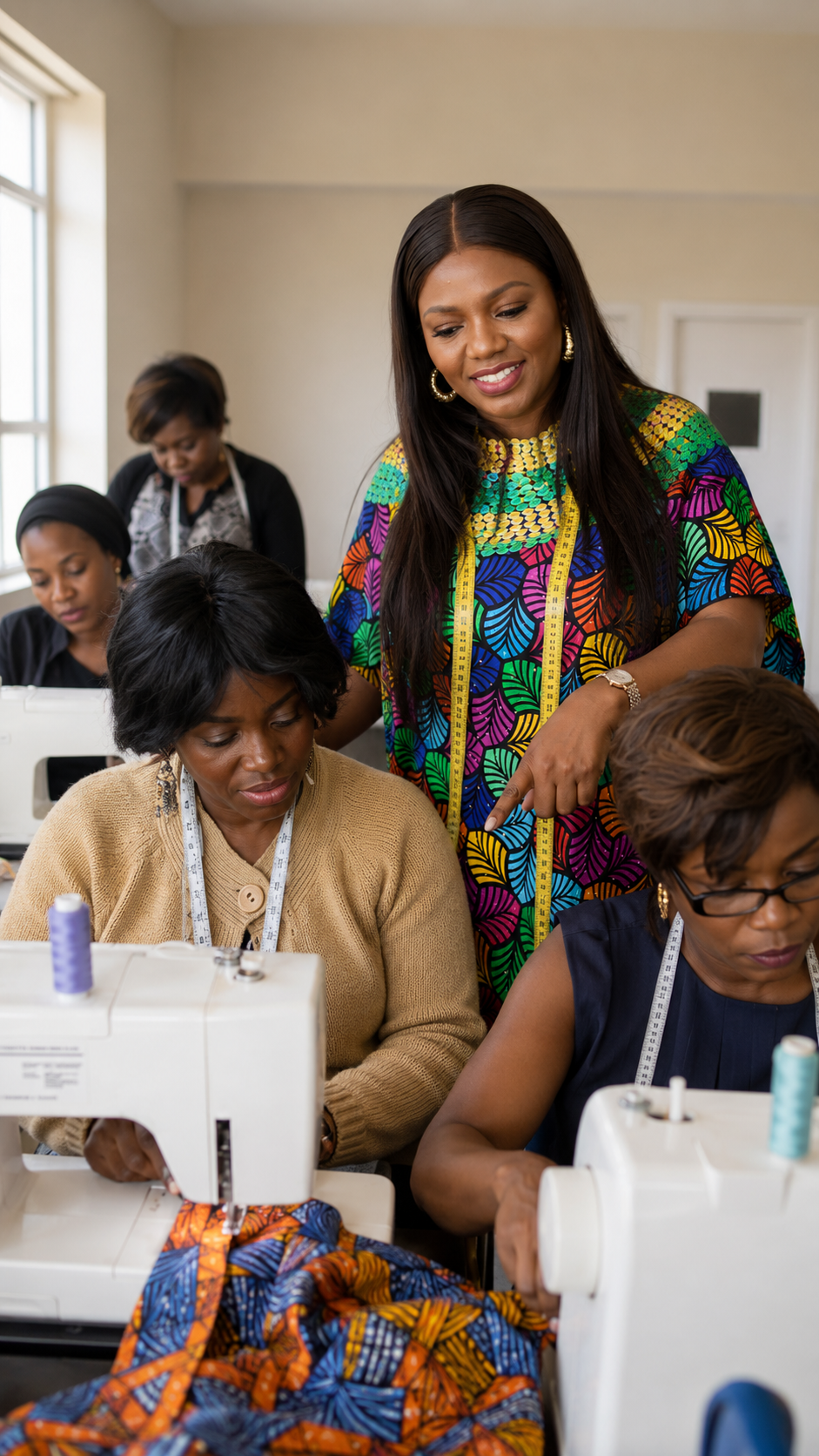Treasure teaching students in a busy sewing classroom
